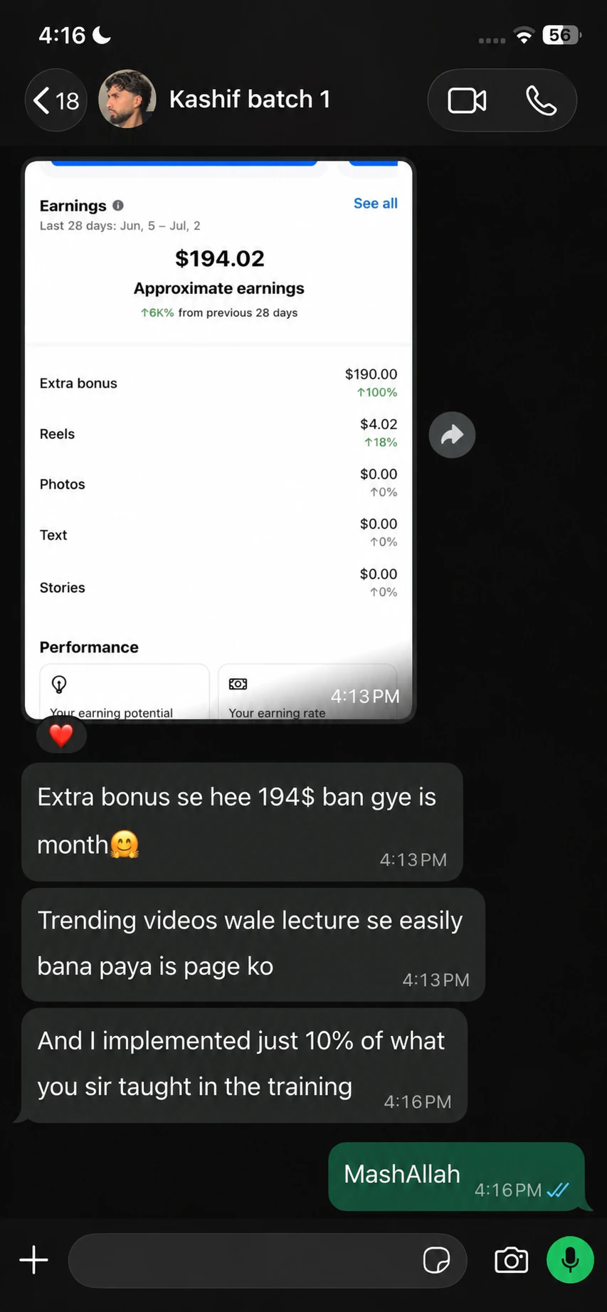 Student WhatsApp message showing $194 earned from Facebook bonus content