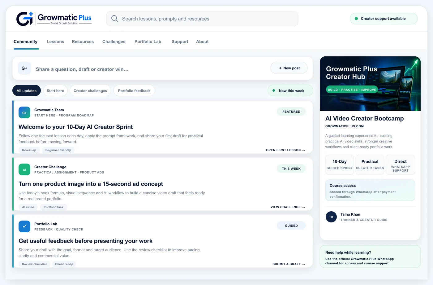 Growmatic Plus Creator Hub with guided lessons, practical challenges, portfolio feedback and WhatsApp support