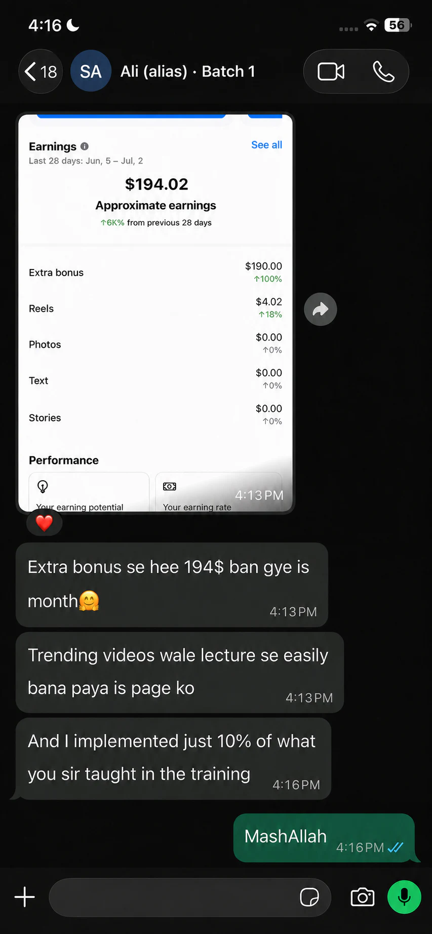 Anonymized learner WhatsApp message showing $194 earned from Facebook bonus content