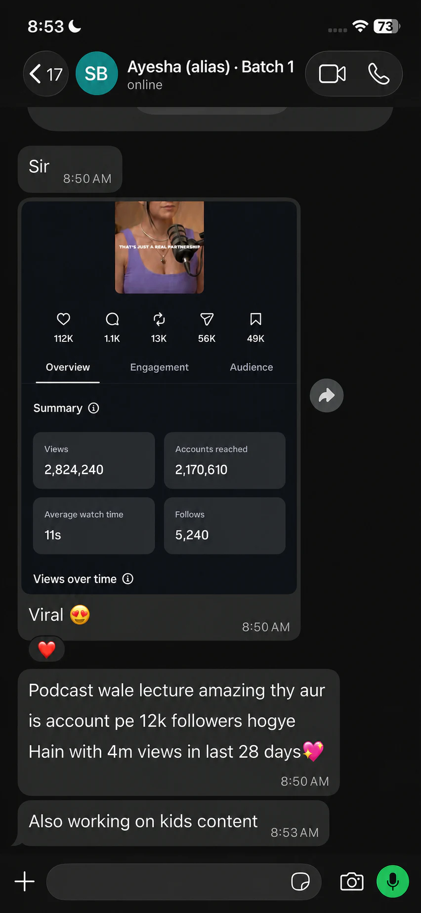 Anonymized learner insights showing 2.8M views on one AI podcast video